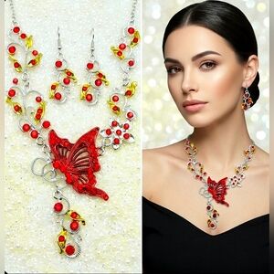 Silver plated red and green crystal butterfly flower necklace earrings Set